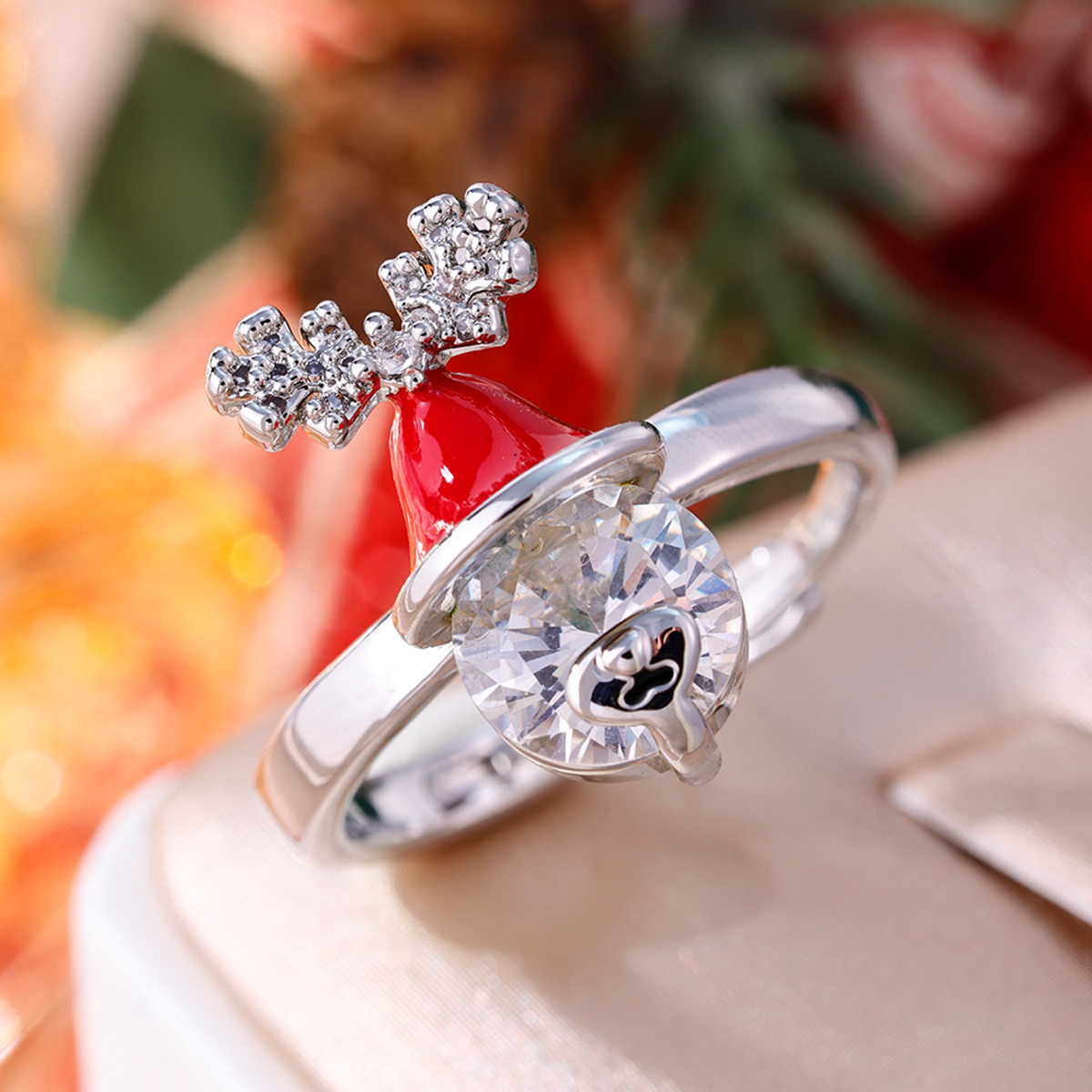 Festive Christmas Antler Statement Ring with Zirconia & Red Enamel